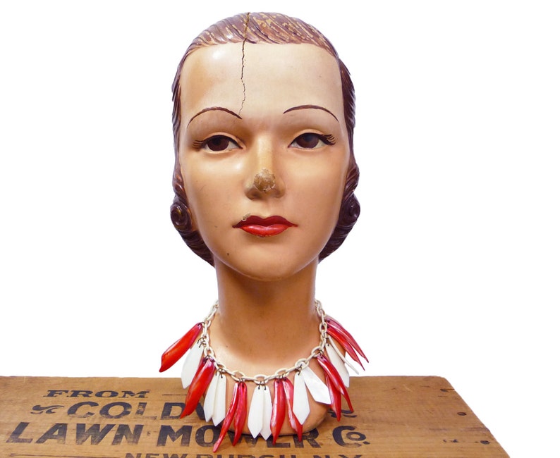 1930s Red and White Mother of Pearl Necklace on Celluloid Chain