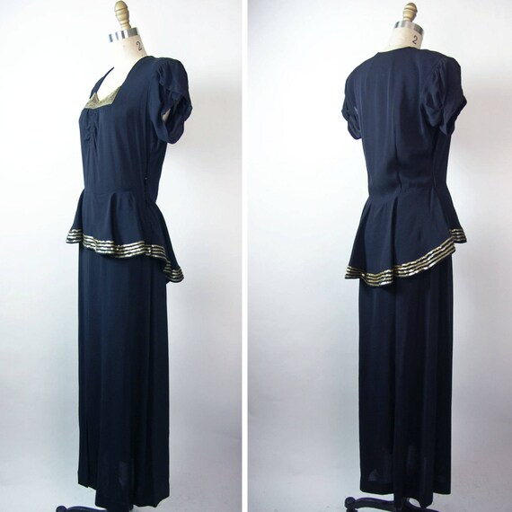 1940's Black Rayon Peplum Dress with Gold Sequins - image 3