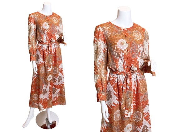 1970s Autumnal Floral Jacquard Dress