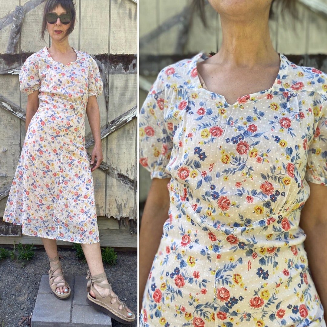 1930s Swiss Dot Cotton Floral Print Dress - Etsy