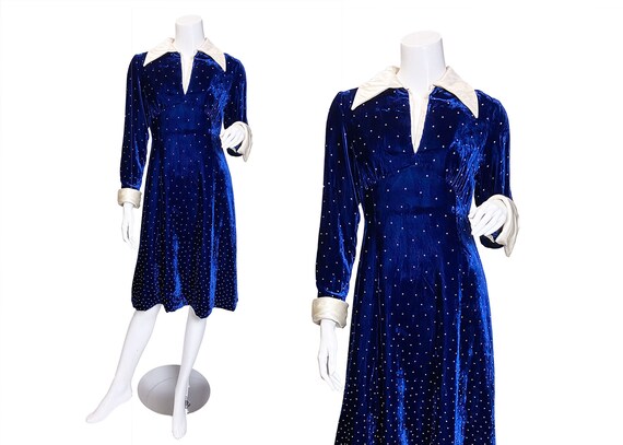 1960s Blue Velvet Dotted Dress