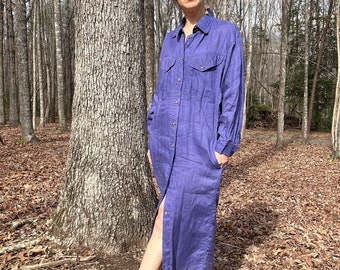 1990s Searle Purple Linen Shirt Dress