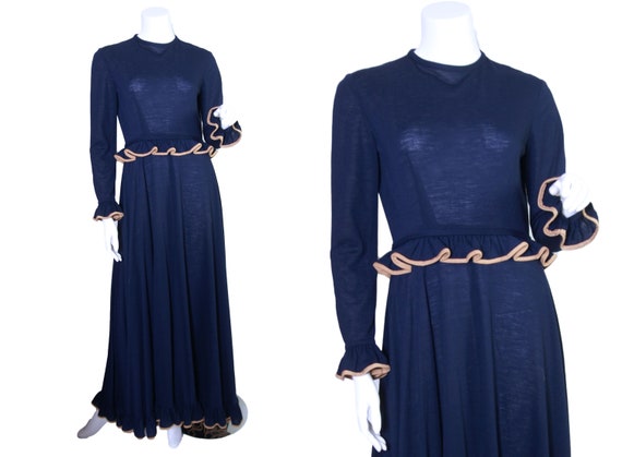 1970s Anne Fogarty Navy Blue Wool Knit Maxi Dress