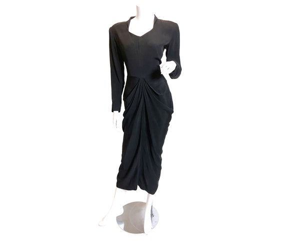 1940s Black Rayon Draped Bombshell Dress, Small