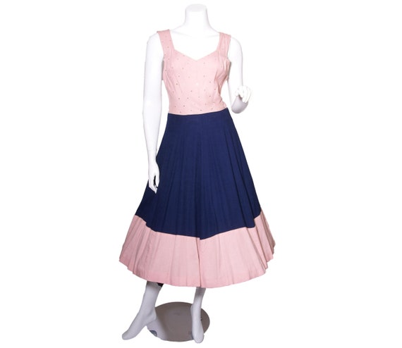 1940s to 50s Pink and Blue Linen Dress with Rhine… - image 1