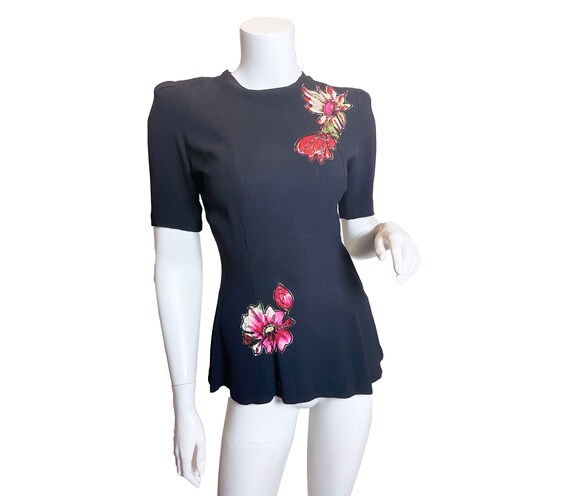 1940s Flower Appliqué Rayon Top