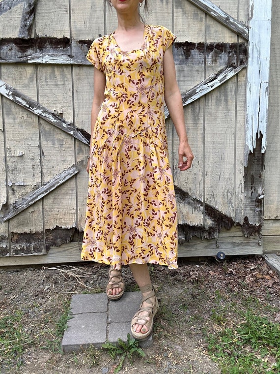 1930s Floral Print Cold Rayon Dress, XS