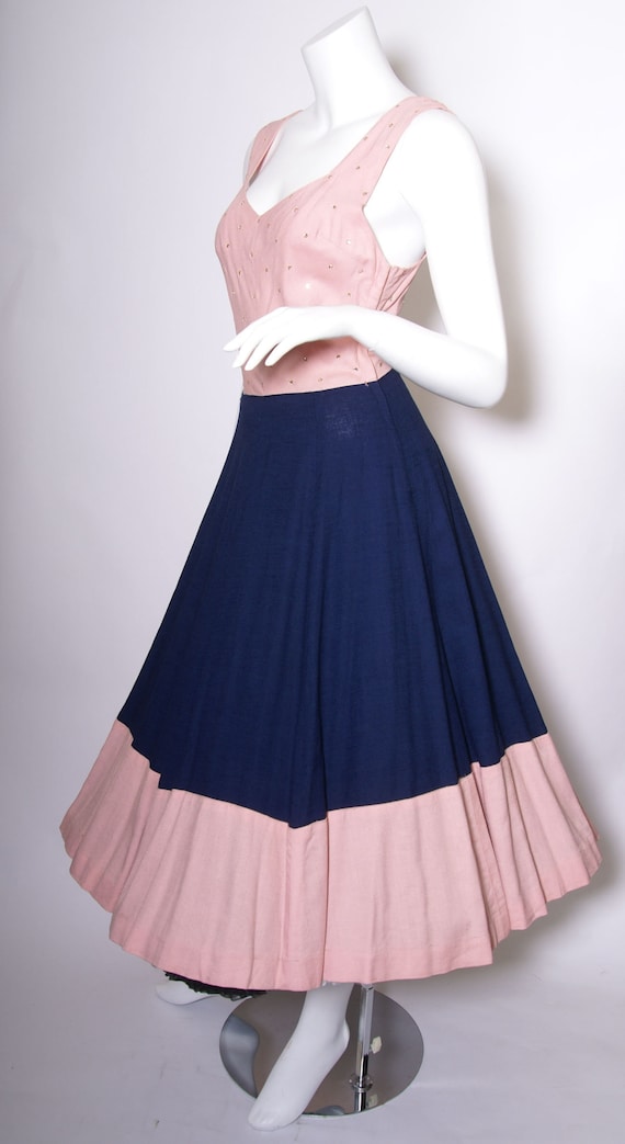 1940s to 50s Pink and Blue Linen Dress with Rhine… - image 3
