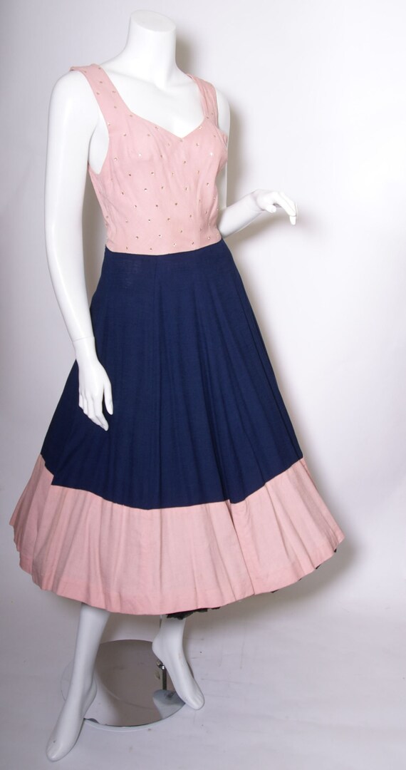 1940s to 50s Pink and Blue Linen Dress with Rhine… - image 2