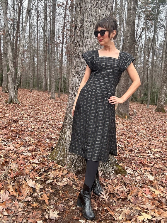 Late 1950s Plaid Taffeta Dress Black Gold Silver