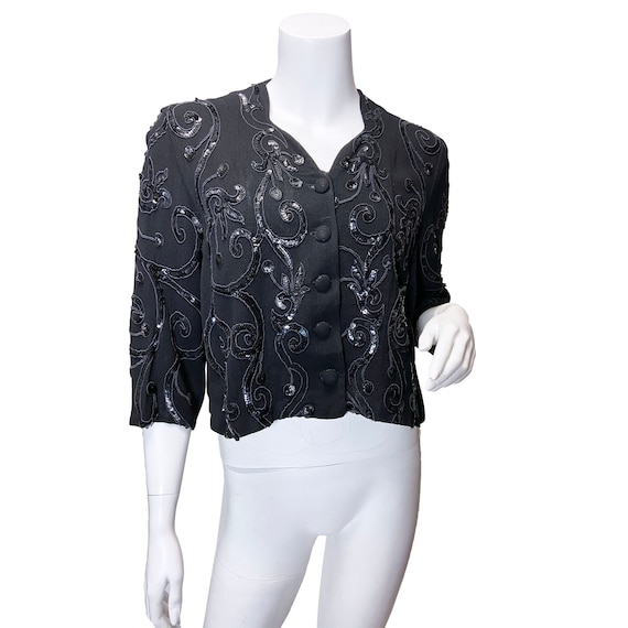 1940s Marshall Fields Black Rayon Sequin Jacket