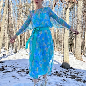 Late 1970s Gentilesse Blue Silk Chiffon Floral Dress