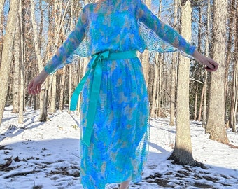 Late 1970s Gentilesse Blue Silk Chiffon Floral Dress