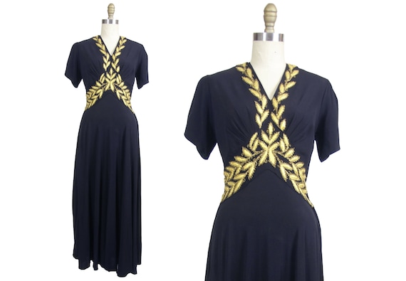 1940's Black Rayon Gown with Gold Embroidered Appl