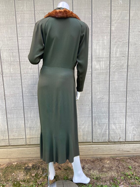 1930s Dark Green Rayon Mink Trimmed Dress, M/L - image 3