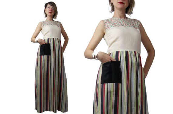 1930s Cotton Day Dress Mixed Prints, Stripes and F