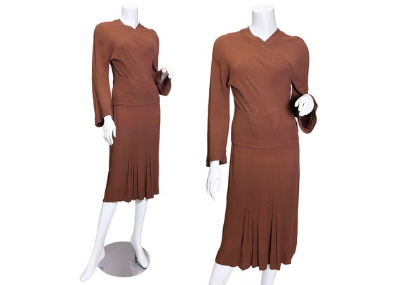 1930s Brown Rayon Crepe Dress with Trapunto Stitch
