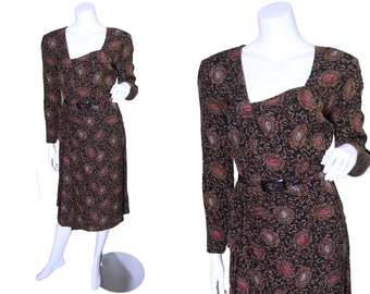 1940s Silk Brooch Print Dress
