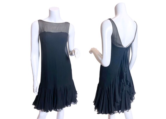 1960s Malcolm Starr Black Chiffon Nude Illusion Fl