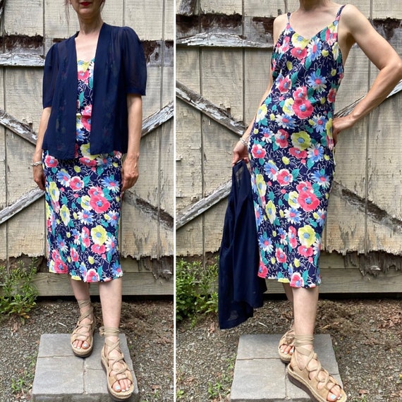 1930s Cold Rayon Floral Sun Dress with Chiffon Ja… - image 1