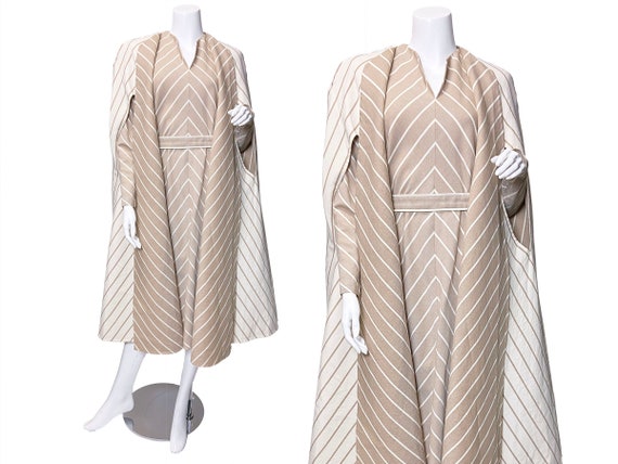 1980s Pauline Trigere Wool Stripe Dress and Cape S