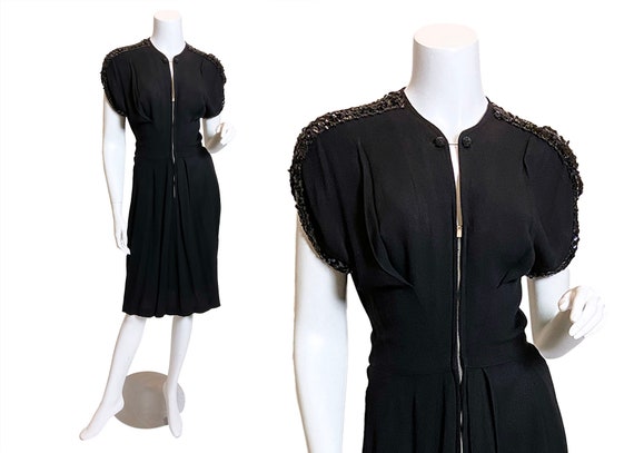 1940s Sequined Black Rayon Lombardy Dress
