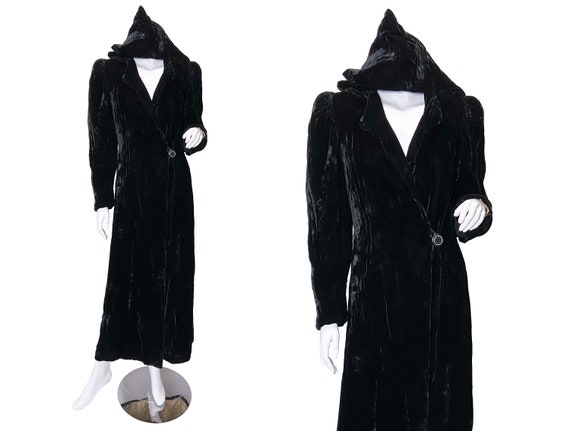 1930s Crinkle Velvet Opera Coat with Pointed Hood
