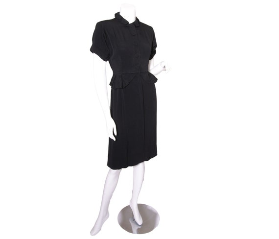 1940s Black Rayon Ruffle Collar Peplum Dress