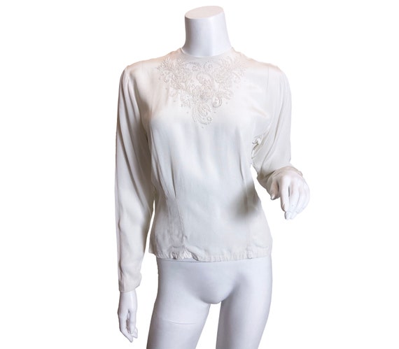 1940s White Rayon Beaded Blouse A Claret Original