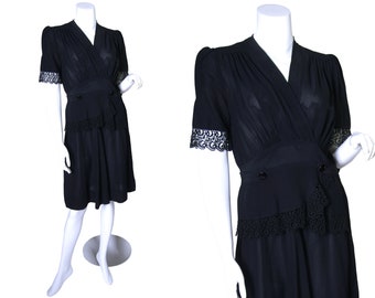 1940s Black Rayon Surplice Dress with Chemical Lace Trim