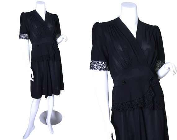 1940s Black Rayon Surplice Dress with Chemical La… - image 1