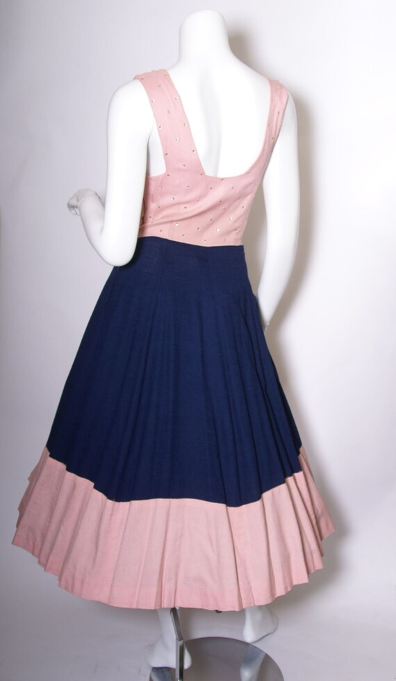 1940s to 50s Pink and Blue Linen Dress with Rhine… - image 4