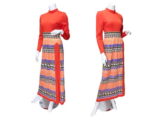 1970s Leslie Faye High Slit Floral Dress
