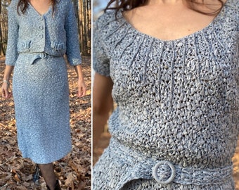 1950s Blue Ribbon Knit Dress Ann Fleischer Hand Knit