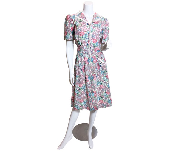 1940's Happy Home Floral Print Cotton House Dress
