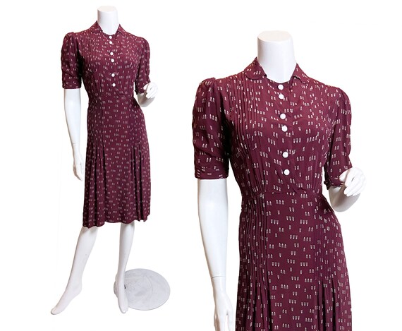 1930s Cold Rayon Flower Pot Print Dress, Small