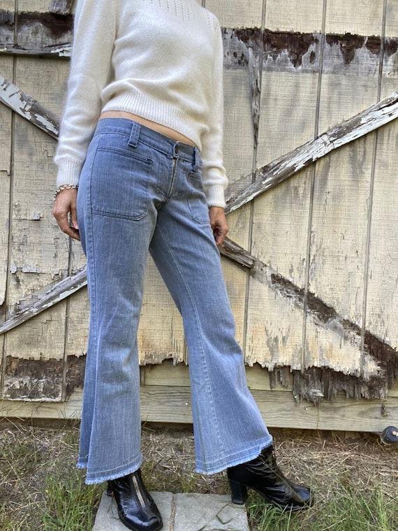 1960s/70s Low Rise Patch Front Flare Jeans, 26/27 - image 4