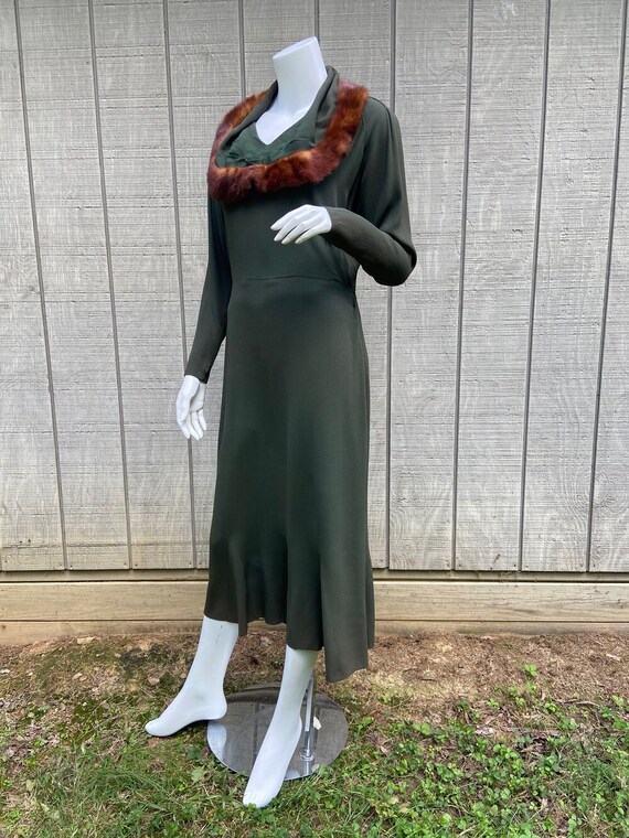 1930s Dark Green Rayon Mink Trimmed Dress, M/L - image 2