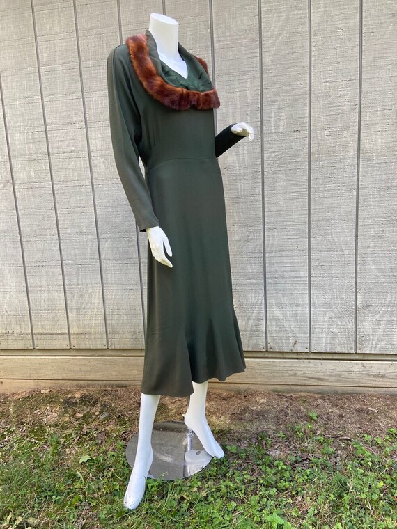 1930s Dark Green Rayon Mink Trimmed Dress, M/L - image 4