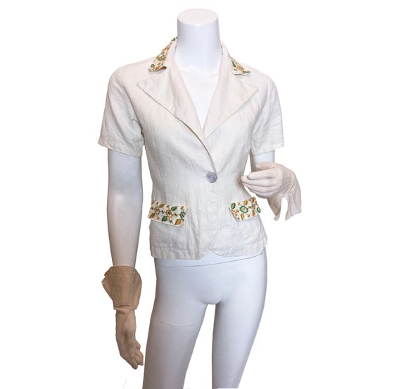 1930s Embroidered Linen Belt Back Jacket Cruise an