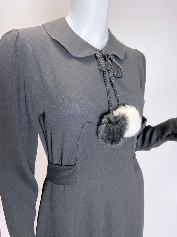 1930s Black Rayon Dress with Fur Pom Poms - image 5