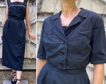 1950s Black Cotton Wiggle Dress with Jacket, S/M