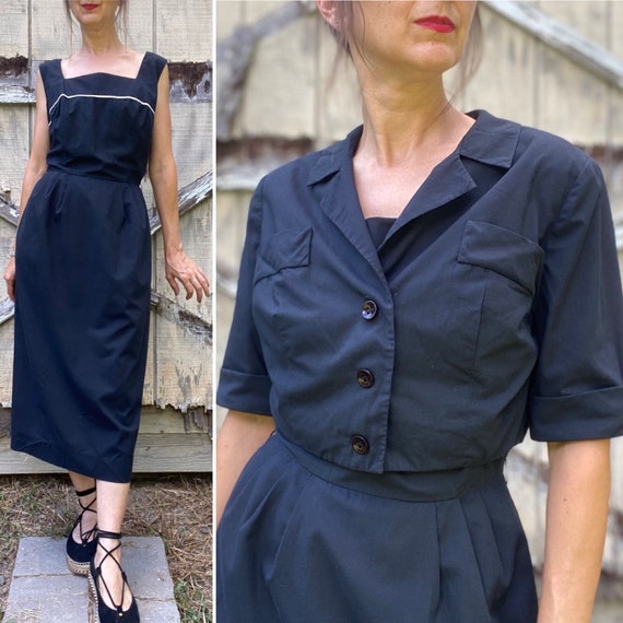 1950s Black Cotton Wiggle Dress with Jacket, S/M - image 1