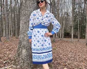 1970s Leslie Fay Blue Floral Dress