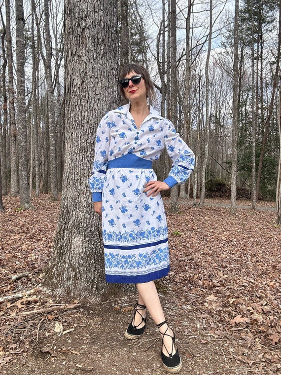 1970s Leslie Fay Blue Floral Dress