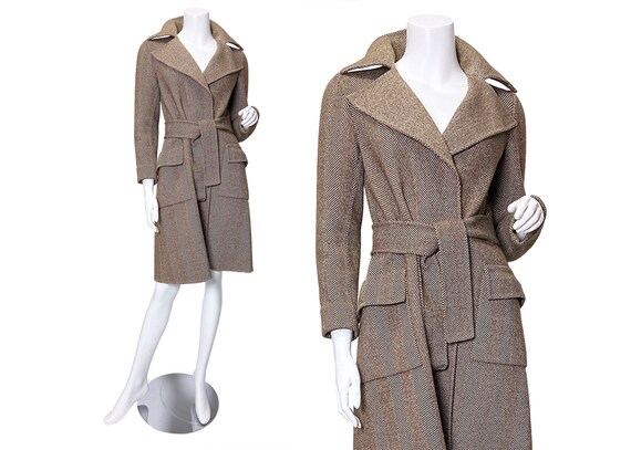 1970s Halston Herringbone Wool Trench Coat