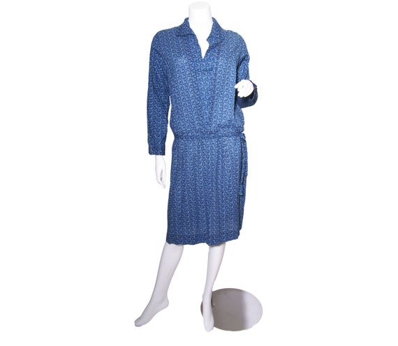 1920s Blue Calico Print Cotton Dress