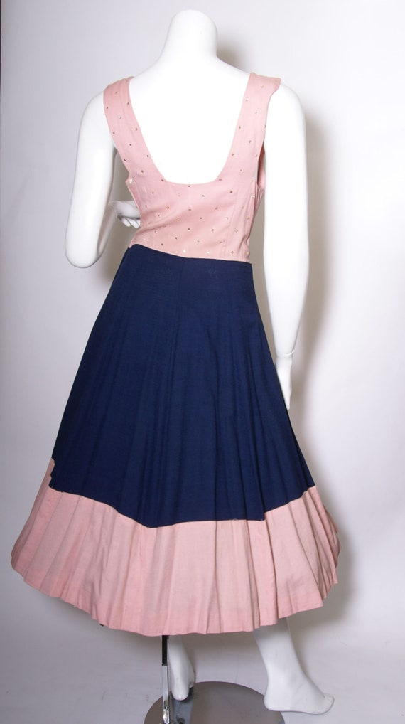 1940s to 50s Pink and Blue Linen Dress with Rhine… - image 5