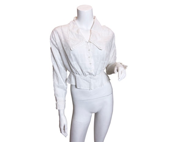 1910s White Cotton Windowpane Plaid Top