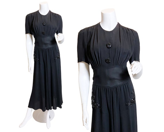1940s Rayon Crepe Dress with Sequined Pockets, S/M